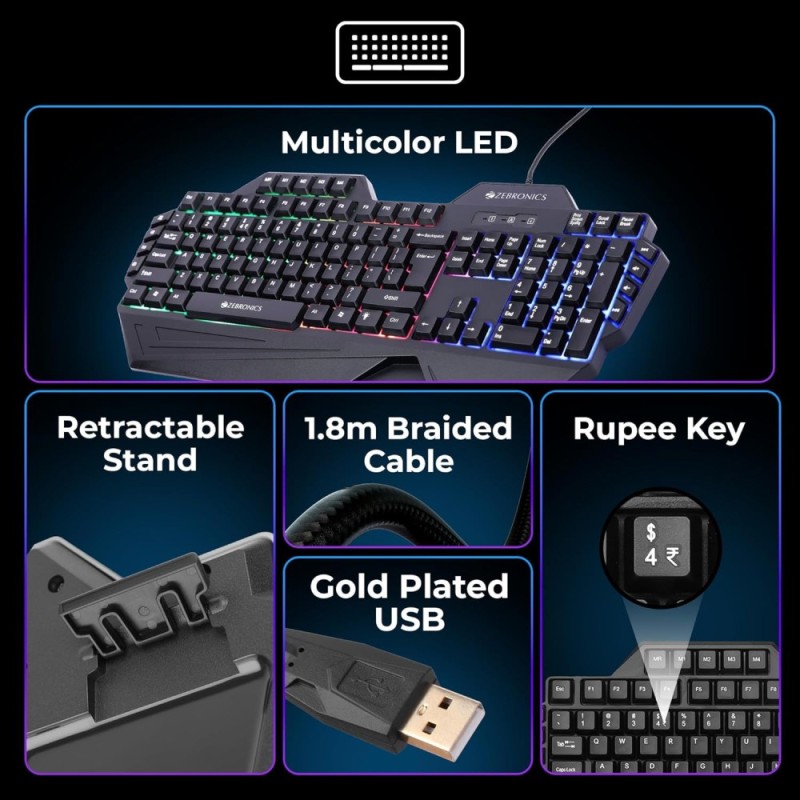 ZEBRONICS Gaming Keyboard & Mouse Combo ZEB-OPTIMUS 117 Keys Multicolor LED Black