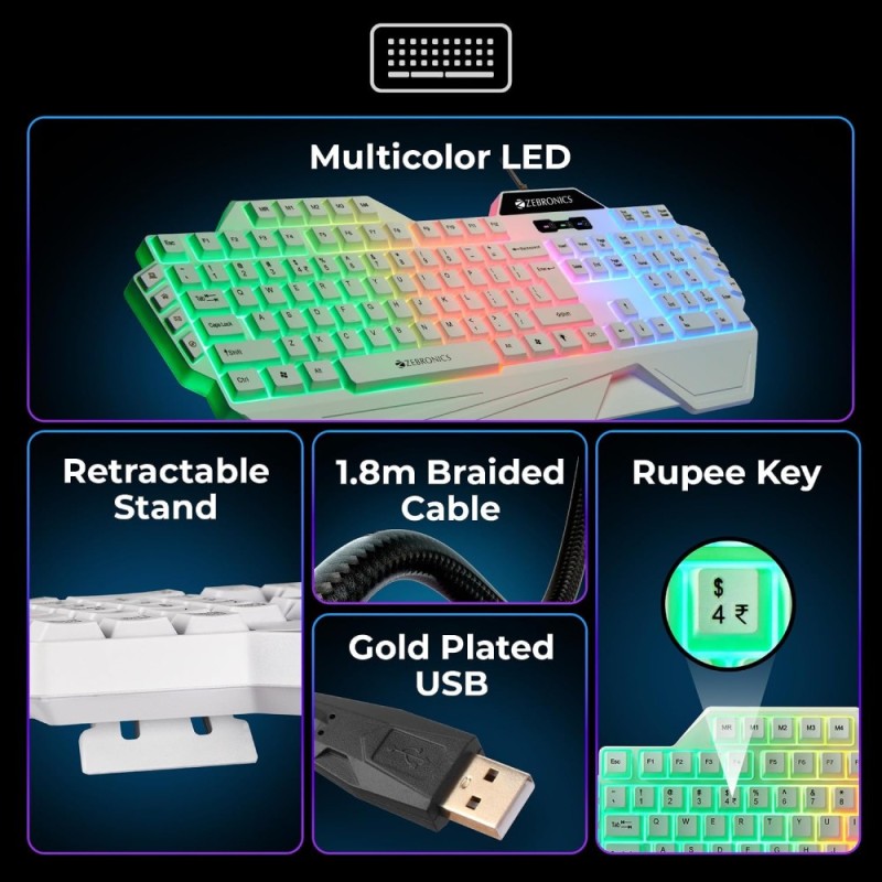 ZEBRONICS Gaming Keyboard & Mouse Combo ZEB-OPTIMUS White 3600 DPI Multicolor LED