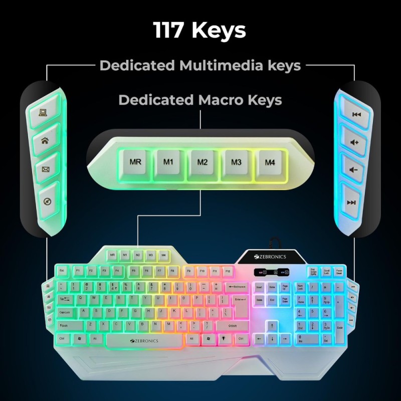 ZEBRONICS Gaming Keyboard & Mouse Combo ZEB-OPTIMUS White 3600 DPI Multicolor LED