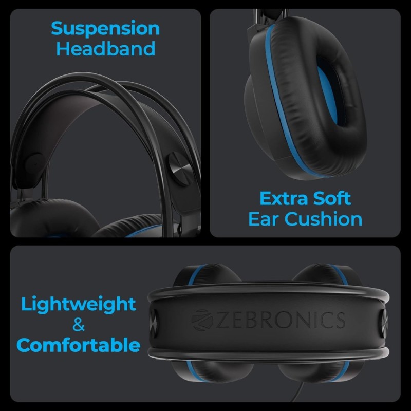 ZEBRONICS Jet Wired Gaming On Ear Headphone ZEB-JET 40mm Drivers LED Light Black + Blue