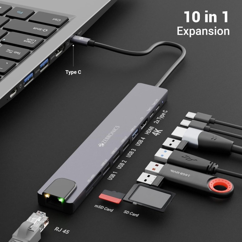 ZEBRONICS Multiport Hub CT101 10-in-1 4K HDMI Grey