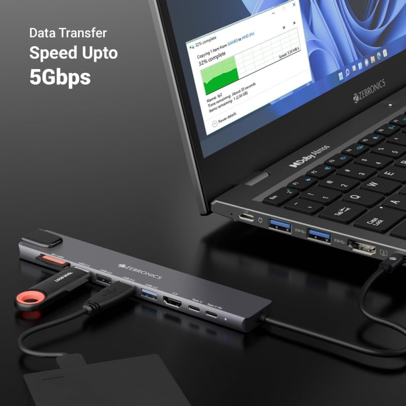 ZEBRONICS Multiport Hub CT101 10-in-1 4K HDMI Grey