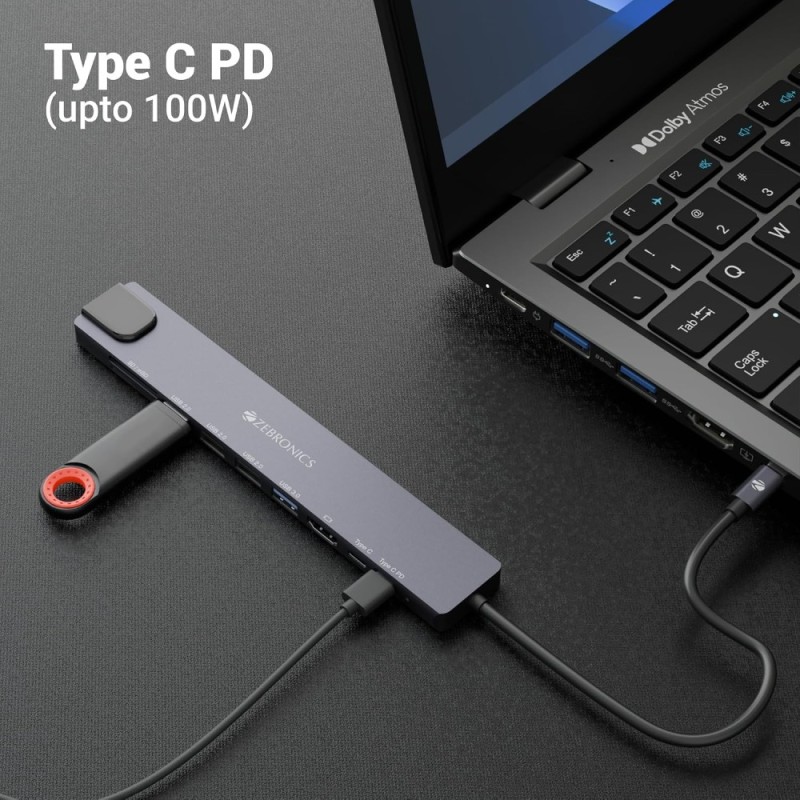 ZEBRONICS Multiport Hub CT101 10-in-1 4K HDMI Grey