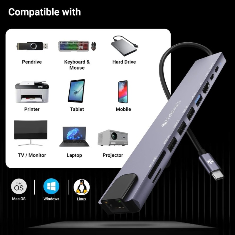 ZEBRONICS Multiport Hub CT101 10-in-1 4K HDMI Grey