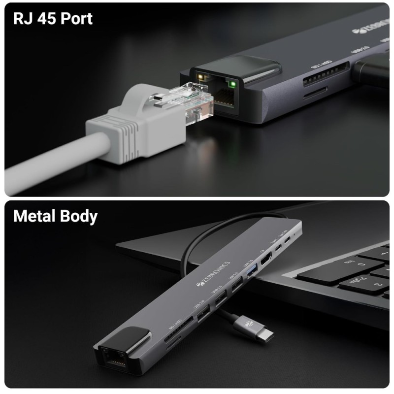 ZEBRONICS Multiport Hub CT101 10-in-1 4K HDMI Grey