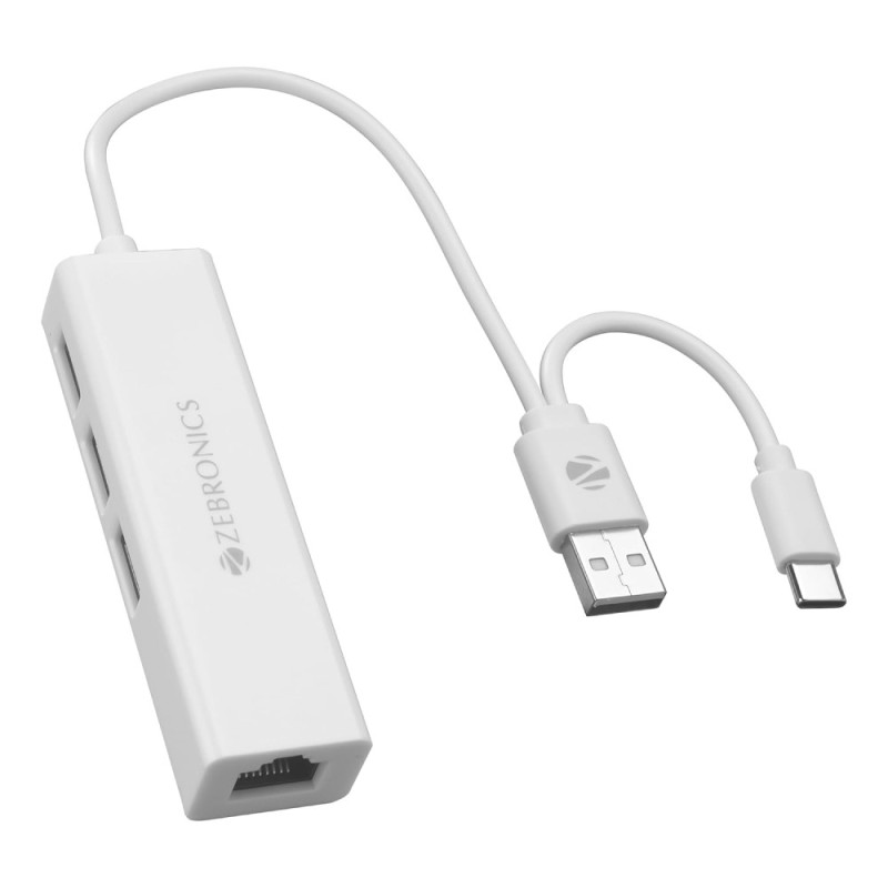 ZEBRONICS Multiport Hub ZEB-TA200UR 4-in-1 Adapter, 3 USB Ports, RJ45 Port, White