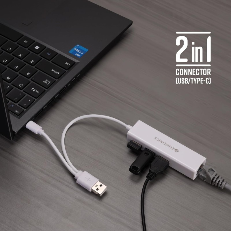 ZEBRONICS Multiport Hub ZEB-TA200UR 4-in-1 Adapter, 3 USB Ports, RJ45 Port, White