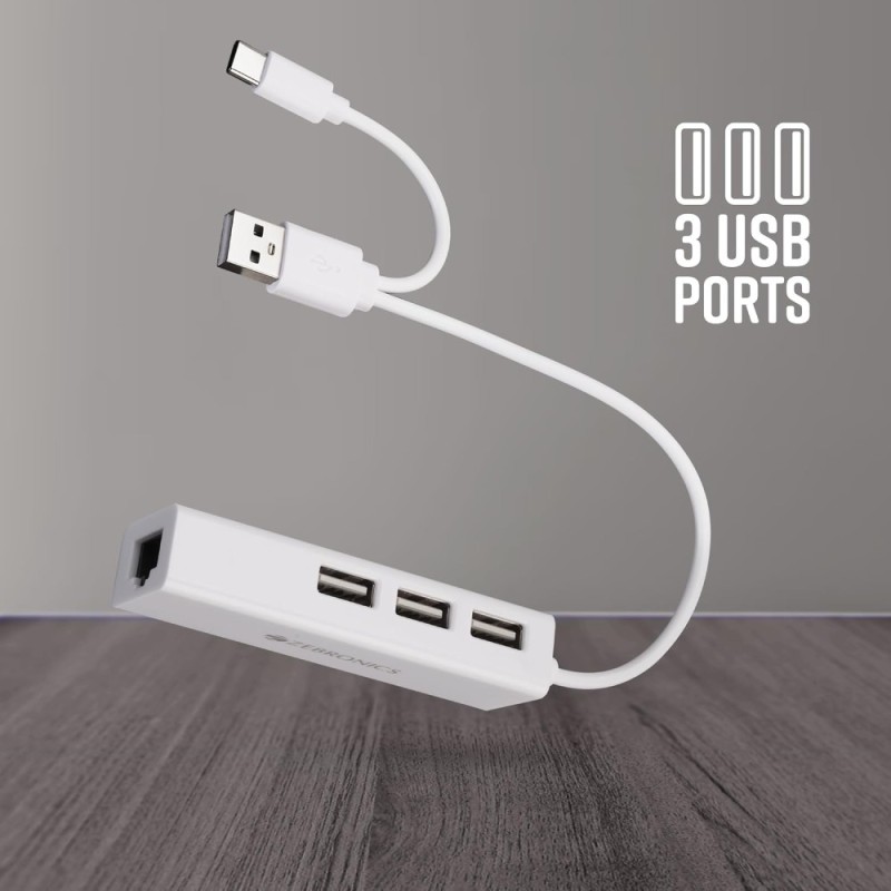 ZEBRONICS Multiport Hub ZEB-TA200UR 4-in-1 Adapter, 3 USB Ports, RJ45 Port, White