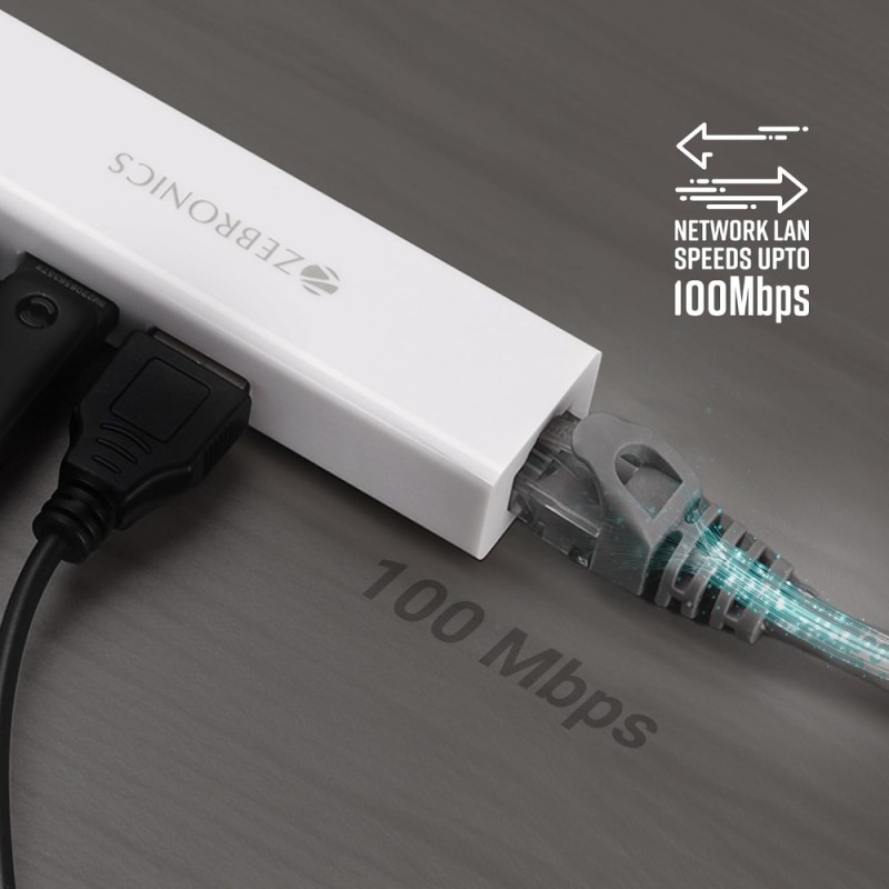 ZEBRONICS Multiport Hub ZEB-TA200UR 4-in-1 Adapter, 3 USB Ports, RJ45 Port, White