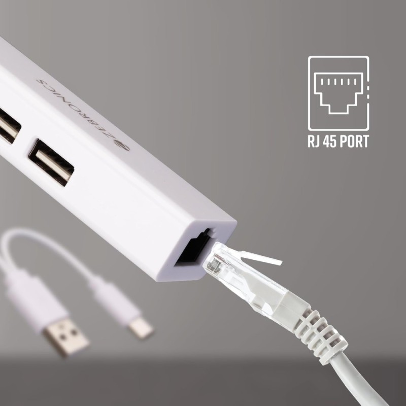 ZEBRONICS Multiport Hub ZEB-TA200UR 4-in-1 Adapter, 3 USB Ports, RJ45 Port, White