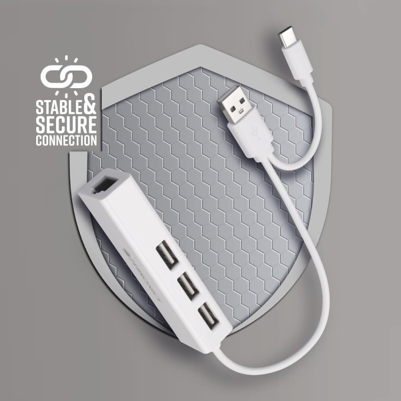 ZEBRONICS Multiport Hub ZEB-TA200UR 4-in-1 Adapter, 3 USB Ports, RJ45 Port, White