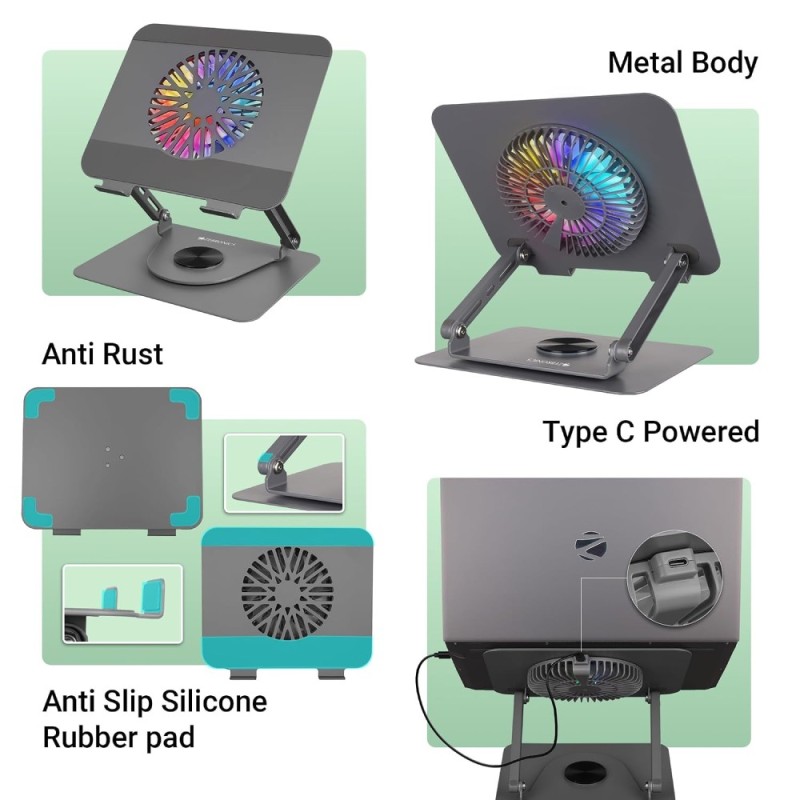 ZEBRONICS NS4000 PRO Rotatable Laptop Stand, Upto 17 Inch, 360° Rotation, Detachable RGB Fan, Carbon Steel