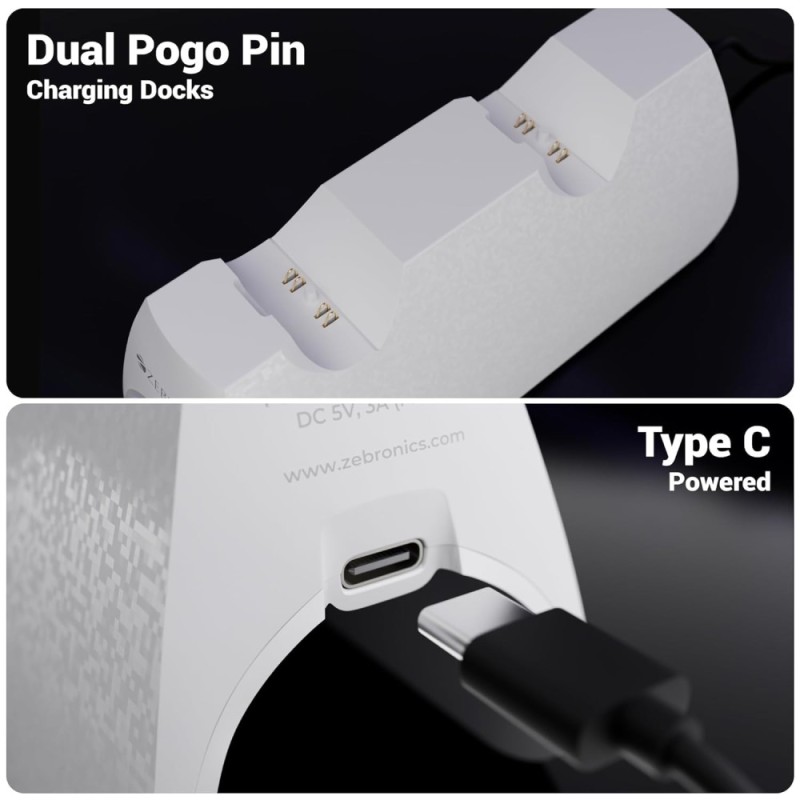 ZEBRONICS PS5 Controller Charging Dock Rapid Charging Dual Pogo Pins White