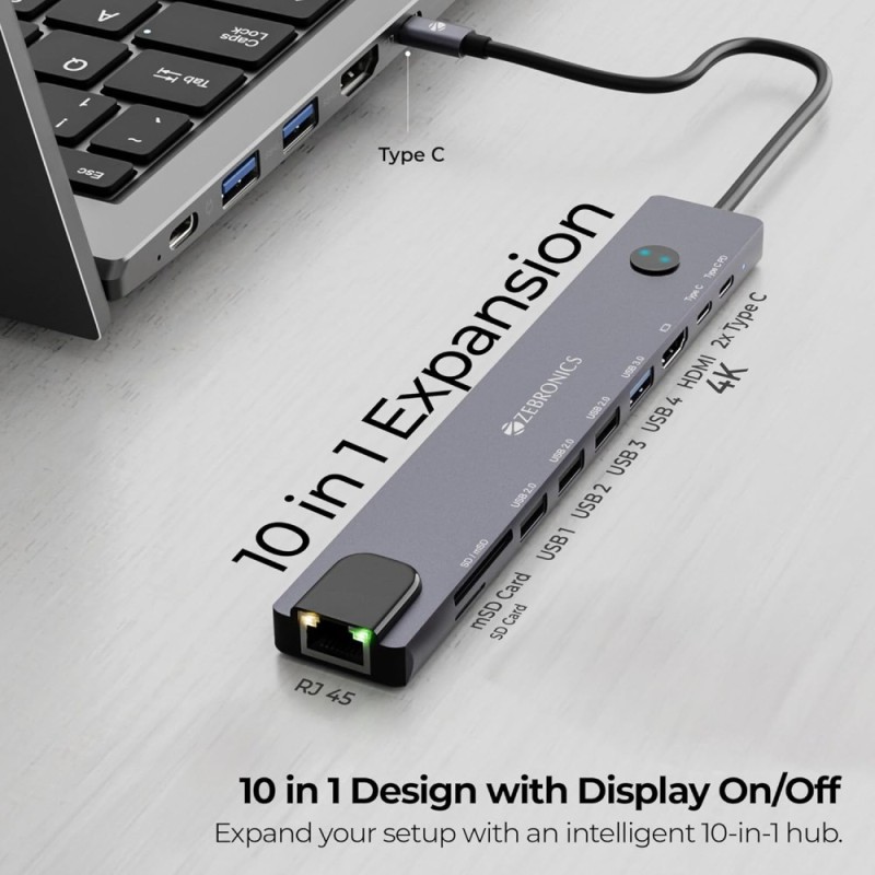 Zebronics Type-C Multiport Hub CT101 Plus 10-in-1 Grey