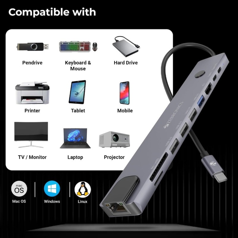 Zebronics Type-C Multiport Hub CT101 Plus 10-in-1 Grey