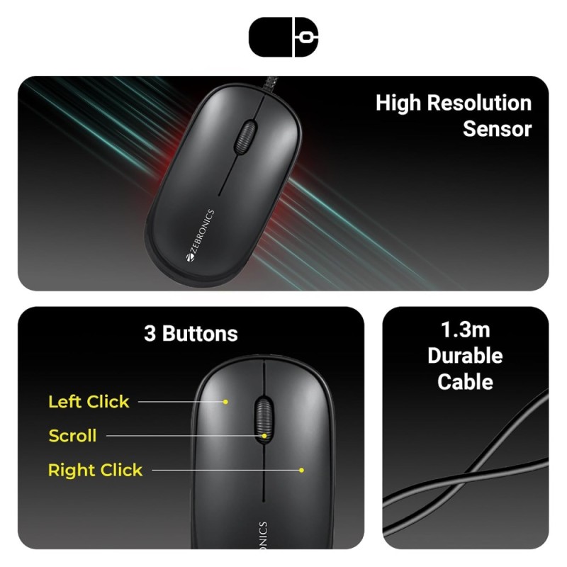 ZEBRONICS Wired USB Keyboard & Mouse Combo ZEB-JUDWAA 880 105 Keys 3 Button Mouse Black