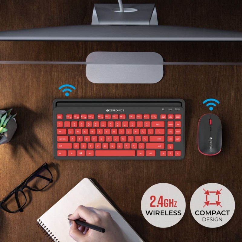 Zebronics Wireless Keyboard and Mouse Combo ZEB-COMPANION 114 2.4GHz Ergonomic Smartphone Holder Red + Black