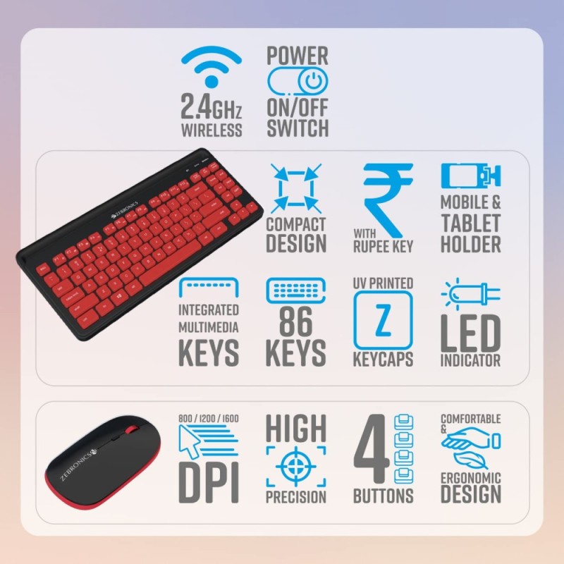 Zebronics Wireless Keyboard and Mouse Combo ZEB-COMPANION 114 2.4GHz Ergonomic Smartphone Holder Red + Black