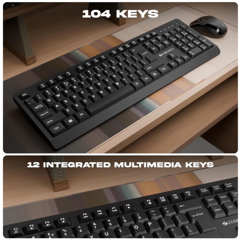 Zebronics Wireless Keyboard & Mouse Combo ZEB 104 Keys 1600 DPI Black