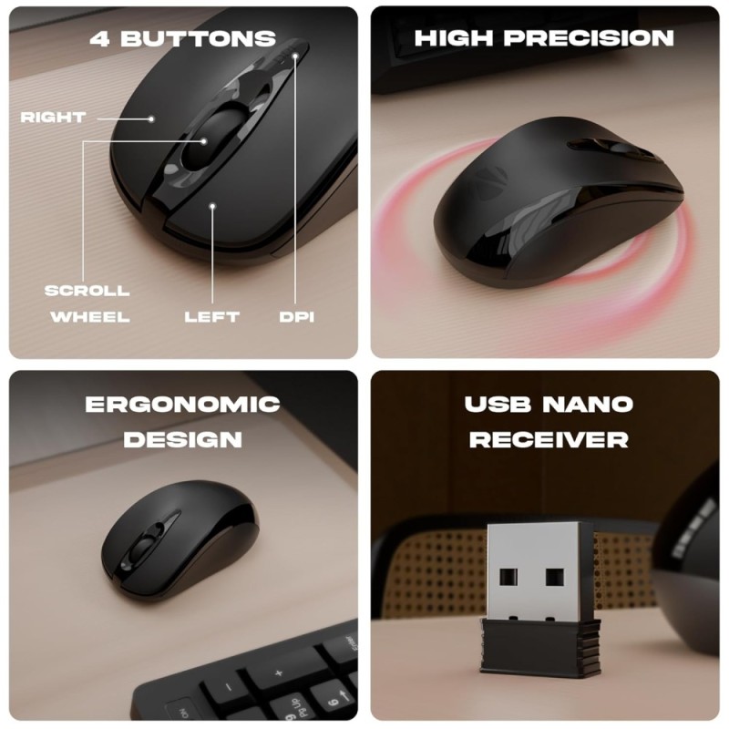 Zebronics Wireless Keyboard & Mouse Combo ZEB 104 Keys 1600 DPI Black