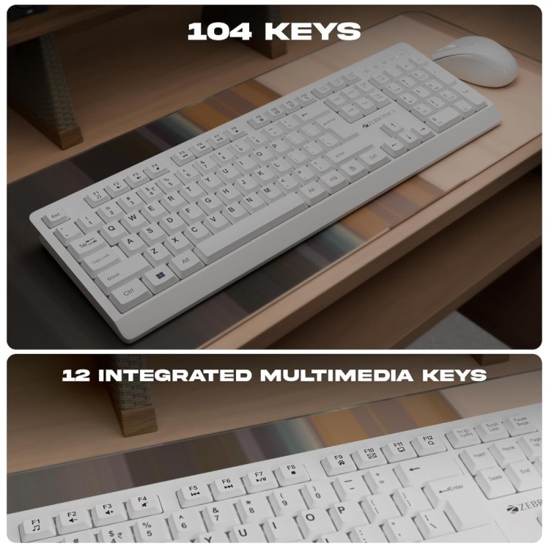 Zebronics Wireless Keyboard & Mouse Combo ZEB 104 Keys Multimedia USB Nano Receiver White