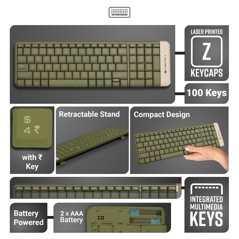 ZEBRONICS Wireless Keyboard & Mouse Combo Zeb-Companion 104 100 Keys Integrated Multimedia Keys Green
