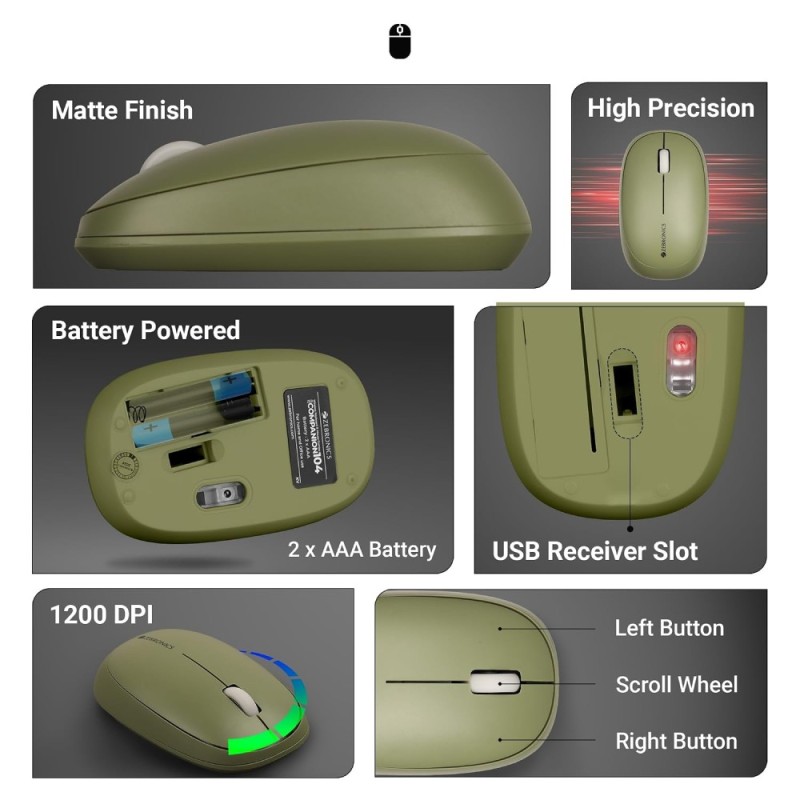 ZEBRONICS Wireless Keyboard & Mouse Combo Zeb-Companion 104 100 Keys Integrated Multimedia Keys Green
