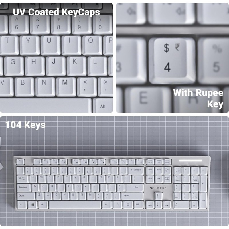 Zebronics Wireless Keyboard & Mouse Combo Zeb-Companion 104 Keys 1600 DPI White+Grey