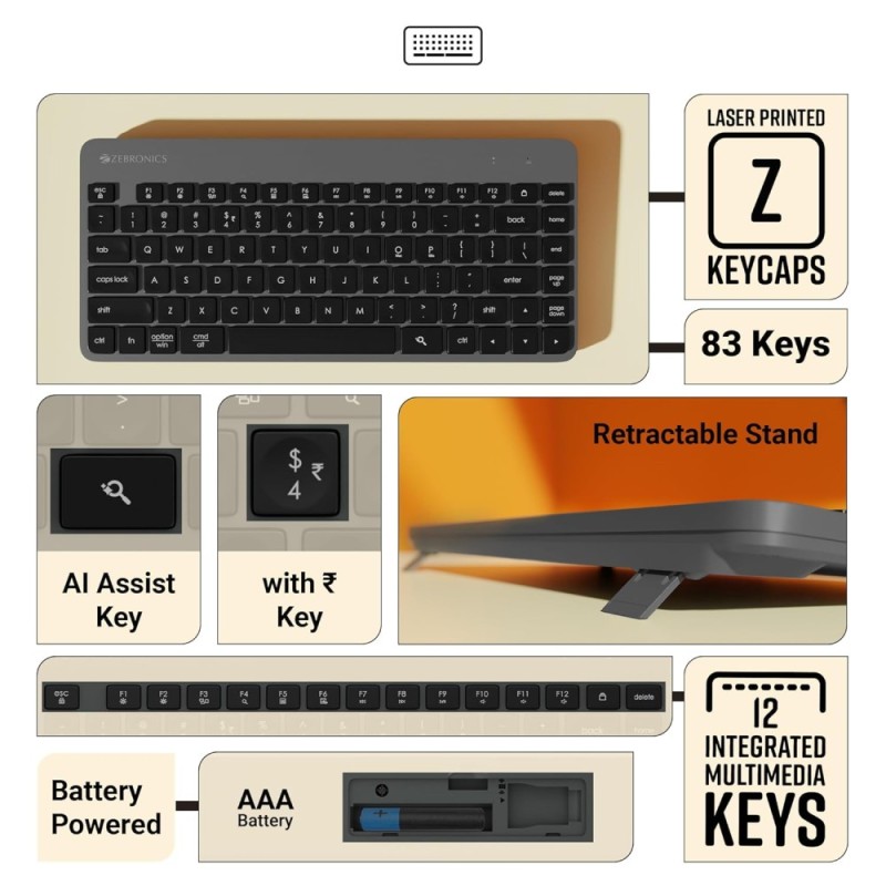 ZEBRONICS Wireless Keyboard & Mouse Combo ZEB-COMPANION 83 Keys AI Assist Key 1600 DPI Black+Grey