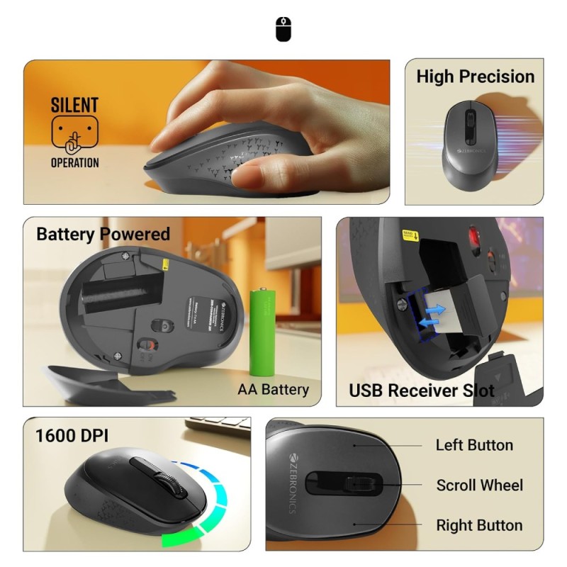 ZEBRONICS Wireless Keyboard & Mouse Combo ZEB-COMPANION 83 Keys AI Assist Key 1600 DPI Black+Grey