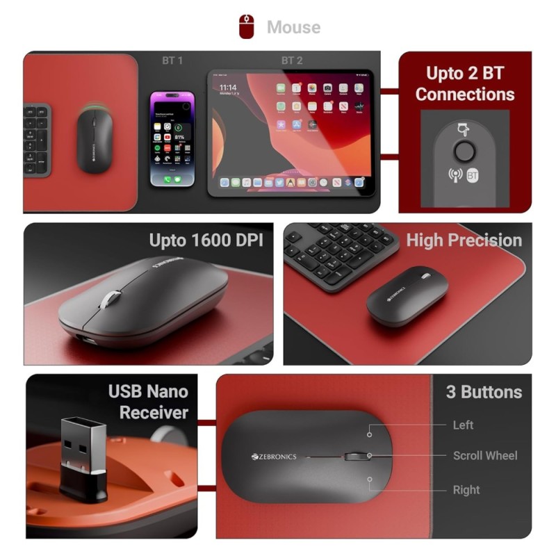 Zebronics Wireless Keyboard & Mouse Combo ZEB Scissor Switch, Multi BT Toggle, Type-C Charging, Black