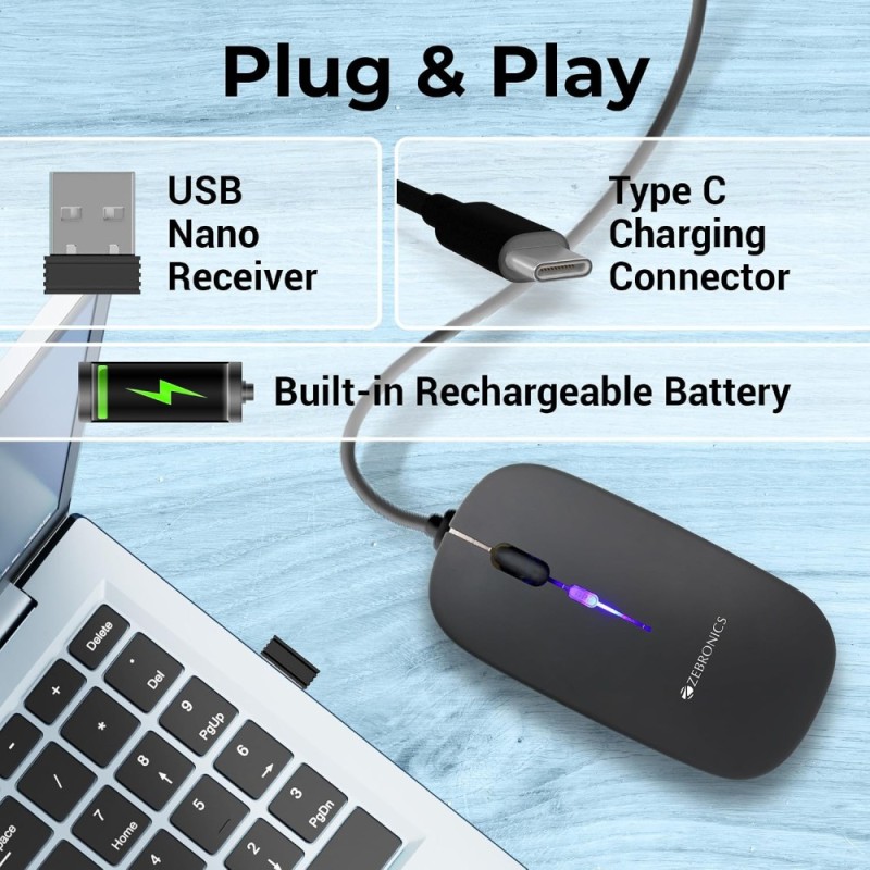 ZEBRONICS Wireless Mouse ZEB-BLANC 1600 DPI Rechargeable Black