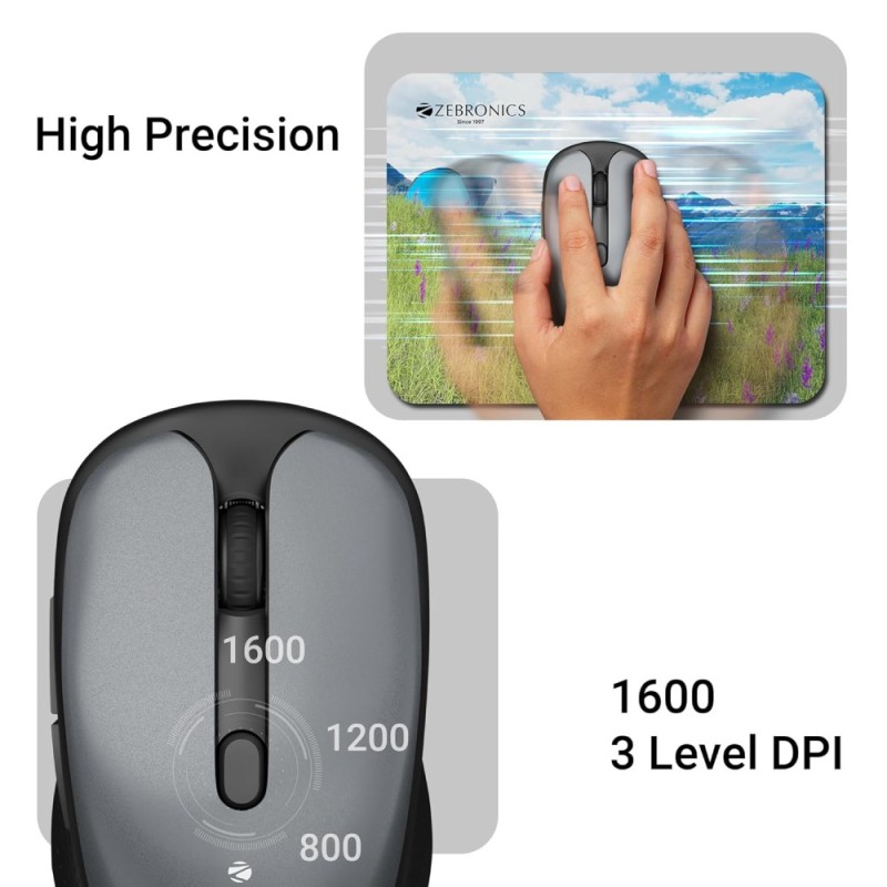 ZEBRONICS Wireless Mouse ZEB-CHARM Dual Mode 1600 DPI Metallic Grey