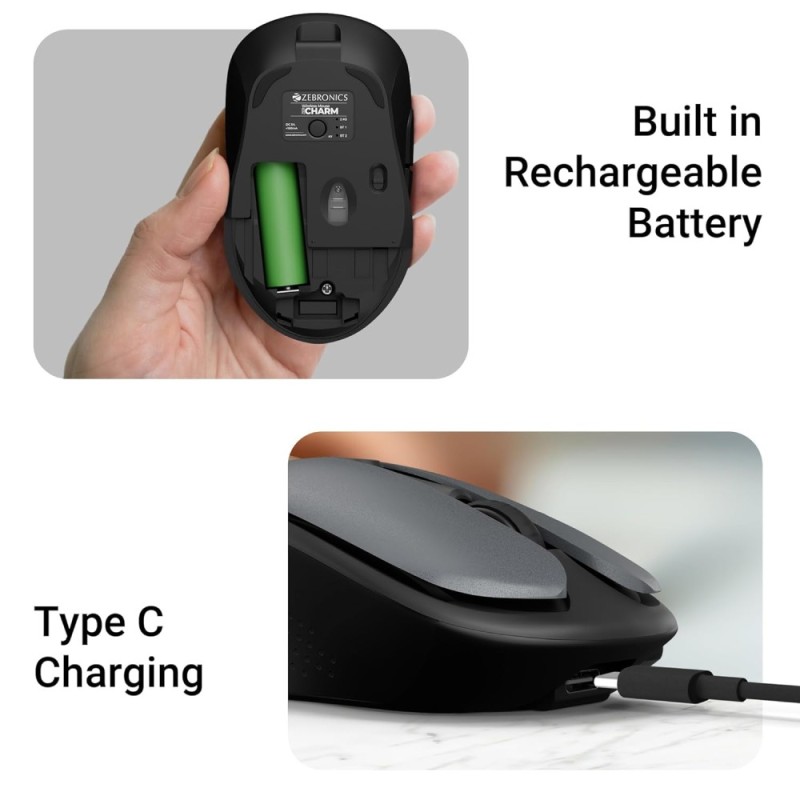 ZEBRONICS Wireless Mouse ZEB-CHARM Dual Mode 1600 DPI Metallic Grey