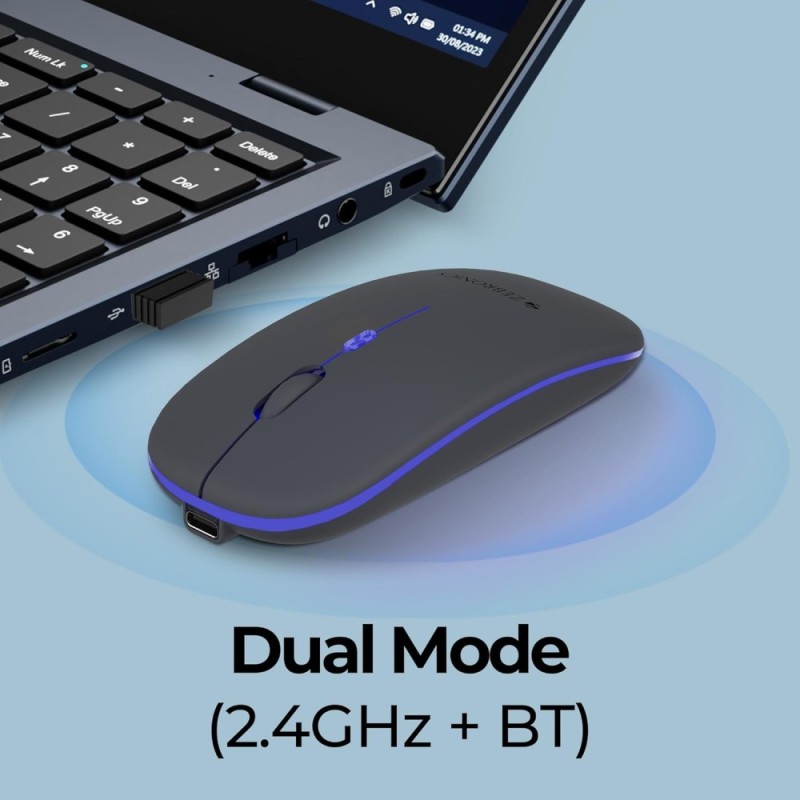 Zebronics Wireless Mouse ZEB Dual Mode 2.4GHz BT 1600 DPI Grey