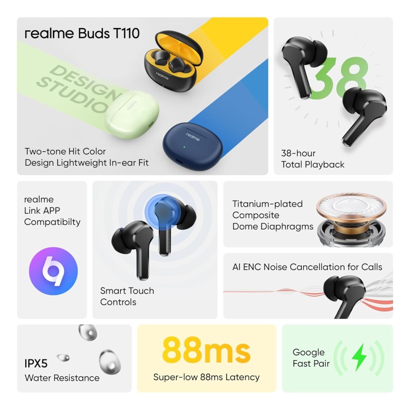 realme Buds T110 Bluetooth Truly Wireless in Ear Earbuds with mic, AI ENC for Calls, Google (Punk Black)