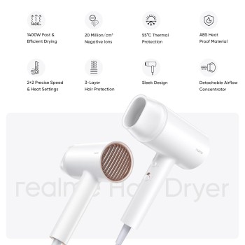 realme Hair Dryer 1400Watts with Ionic Technology, Dual Temperature & Speed Settings, White