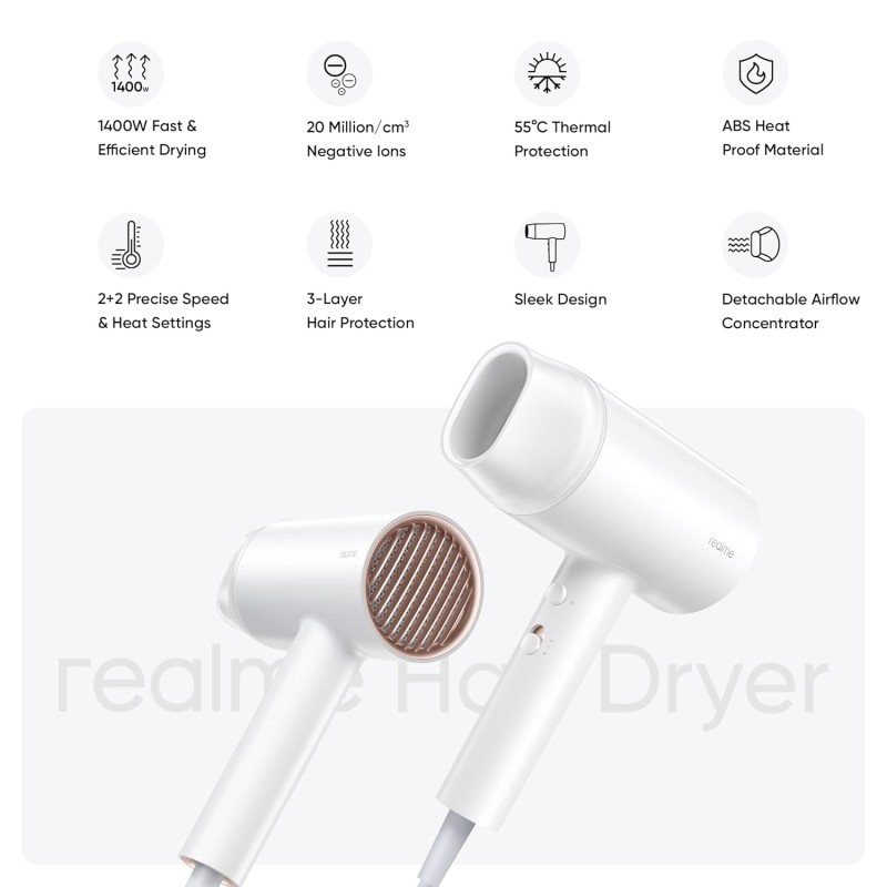 realme Hair Dryer 1400Watts with Ionic Technology, Dual Temperature & Speed Settings, White