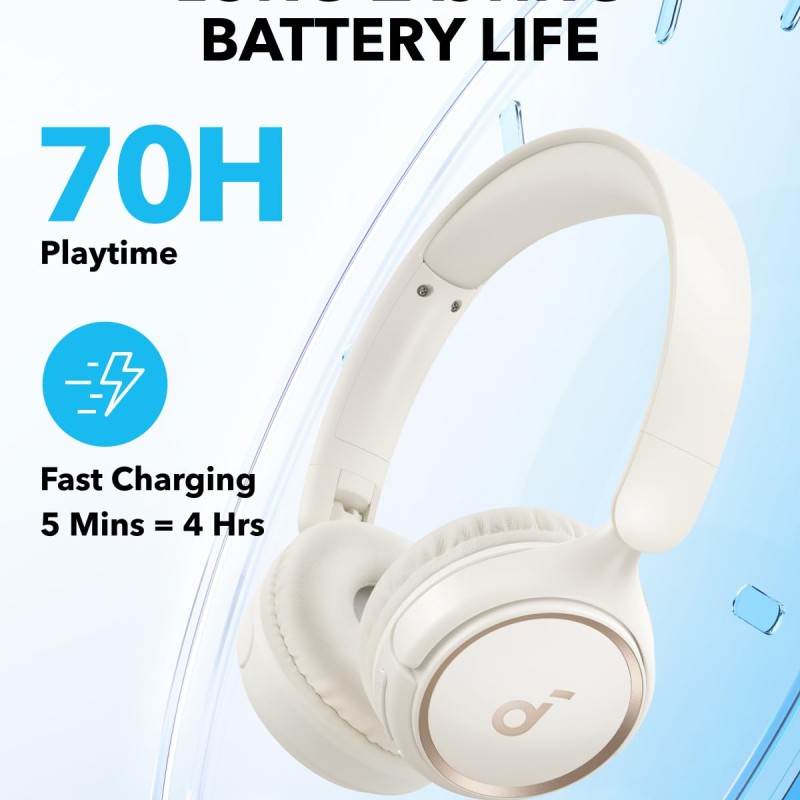 soundcore by Anker H30i Wireless On-Ear Headphones, Foldable Design, Pure Bass, 70H Playtime, Bluetooth 5.3, Lightweight and Comfortable (White)