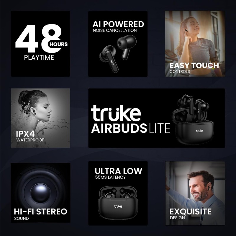 truke Air Buds Lite True Wireless in Ear Earbuds with 10H Single Charge Playtime, Gaming Mode (Black)