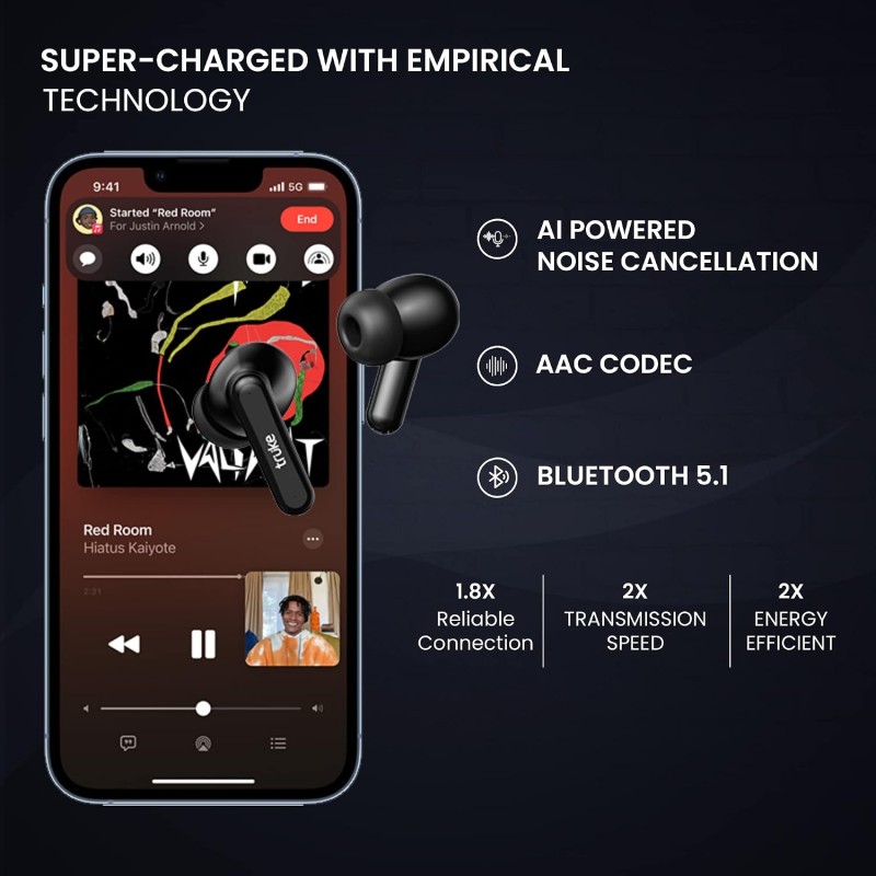 truke Air Buds Lite True Wireless in Ear Earbuds with 10H Single Charge Playtime, Gaming Mode (Black)
