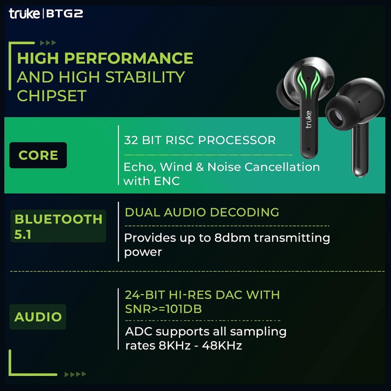 truke BTG 2 Bluetooth Truly Wireless in Ear Earbuds with Microphone Black