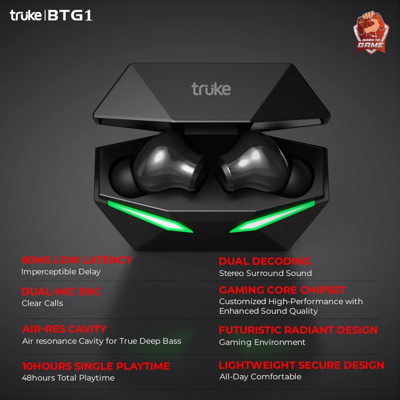 truke Buds BTG 1 True Gaming Earbuds with Environmental Noise Cancellation (ENC) & Quad MEMS Mic for Clear Calls, 13mm Titanium Driver, 48H Playtime, 