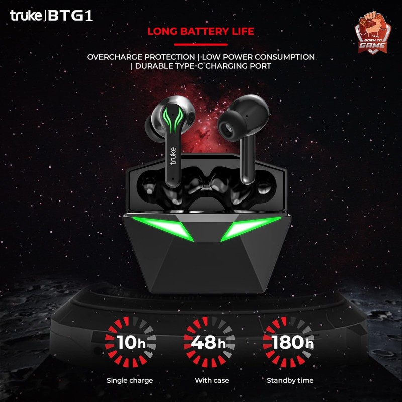 truke Buds BTG 1 True Gaming Earbuds with Environmental Noise Cancellation (ENC) & Quad MEMS Mic for Clear Calls, 13mm Titanium Driver, 48H Playtime, 