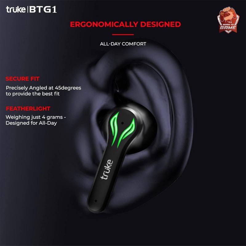 truke Buds BTG 1 True Gaming Earbuds with Environmental Noise Cancellation (ENC) & Quad MEMS Mic for Clear Calls, 13mm Titanium Driver, 48H Playtime, 