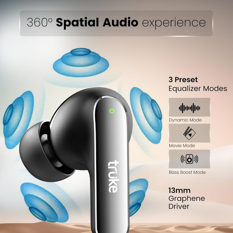 truke Buds F1 Ultra True Wireless in Ear Earbuds Spatial Audio Experience, 60H Playtime Ear Buds (Black)