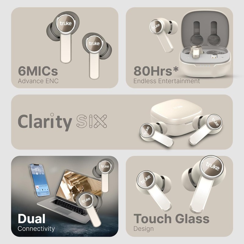 truke [Just Launched Buds Clarity 6 Dual Device Pairing in Ear Earbuds, 6Mic Adv. ENC, 80H Playtime