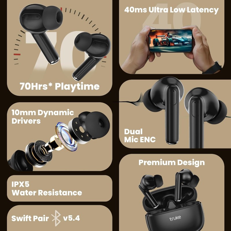 truke New Launch Buds Elite True Wireless in Ear Earbuds with 10mm Dynamic Driver, 70Hrs Battery & Fast Charging (Black)