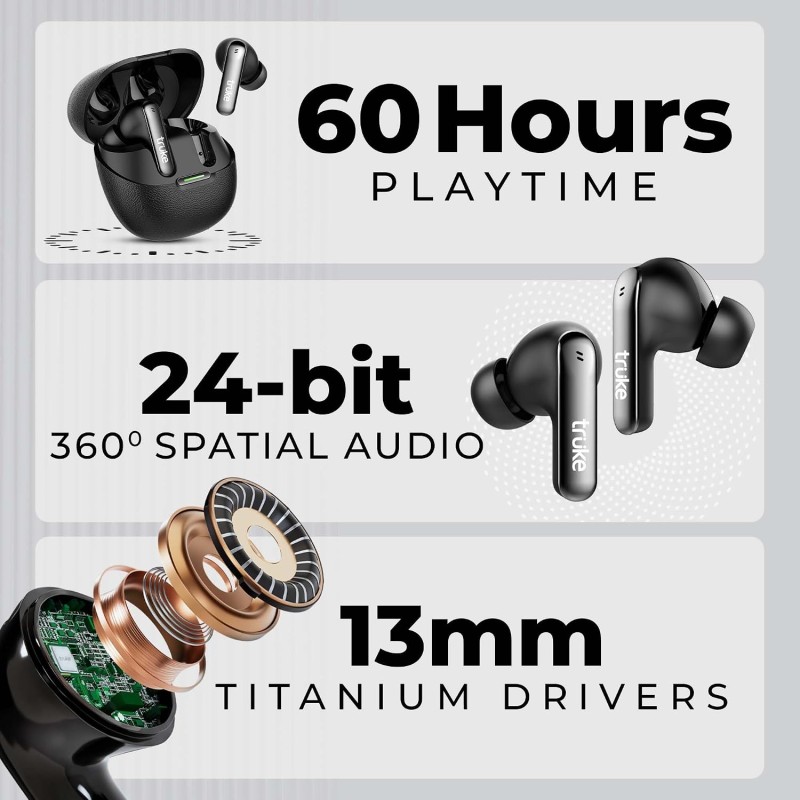 truke New Launch Mega 7 True Wireless in-Ear Earbuds w/ 24-Bit 360 Spatial Audio, 60H Playtime & Fast Charging Buds (Coal Black)