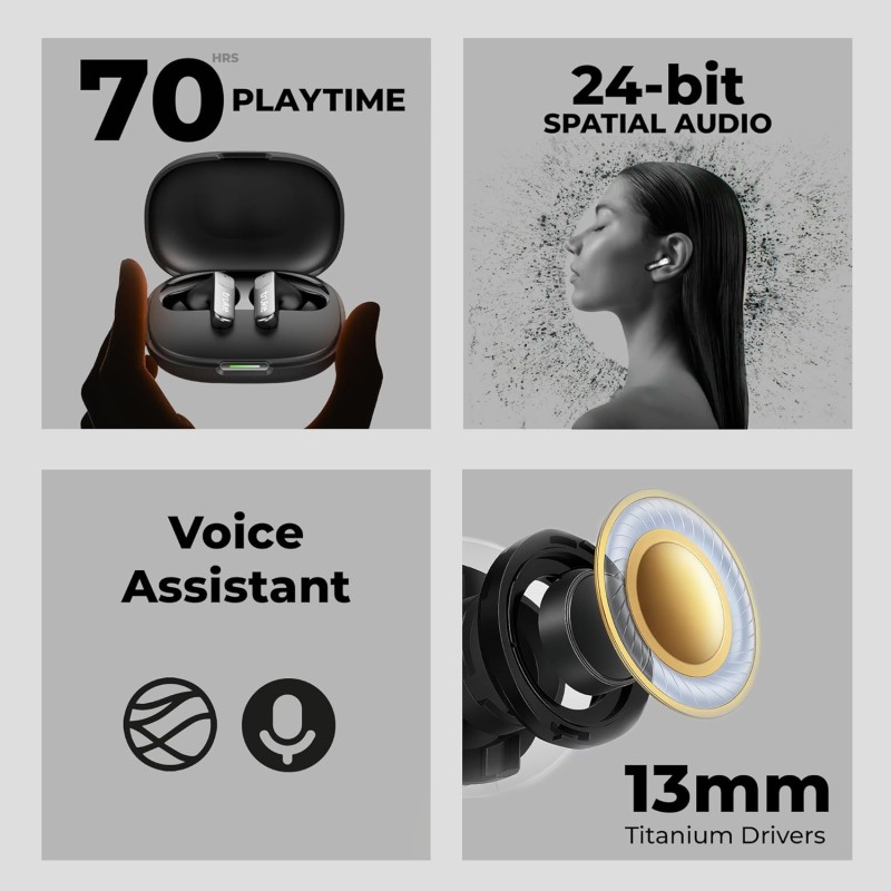 truke New Launch Mega 8 True Wireless in-Ear Earbuds with 24-Bit Spatial Audio, 70H Battery Black